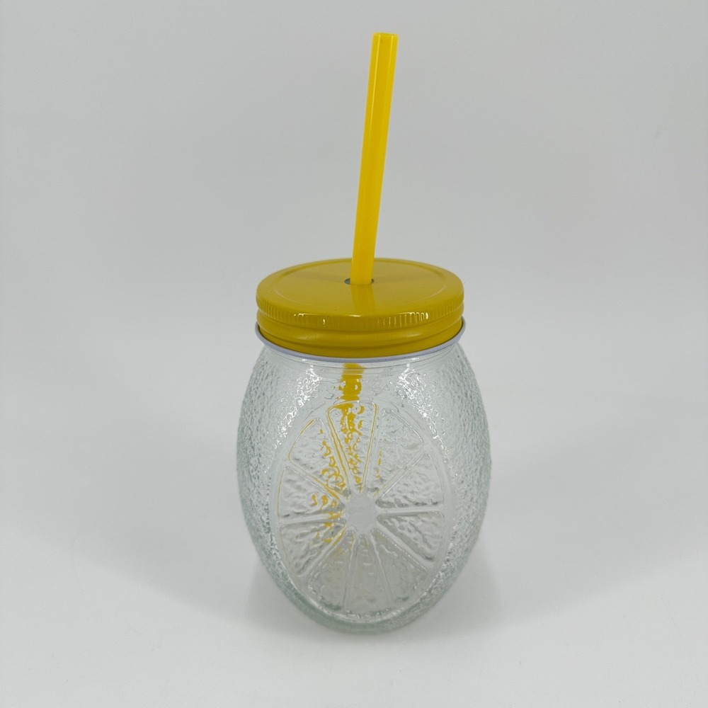 Lemon Shaped Textured Glass Tumbler with Yellow Lid and Straw Citrus Jar Cup